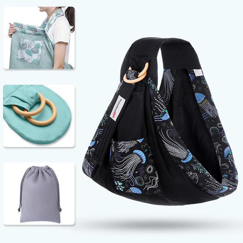 Adjustable baby wrap carrier sling in blue-green cotton and mesh with back support for 0-36 months up to 50kg