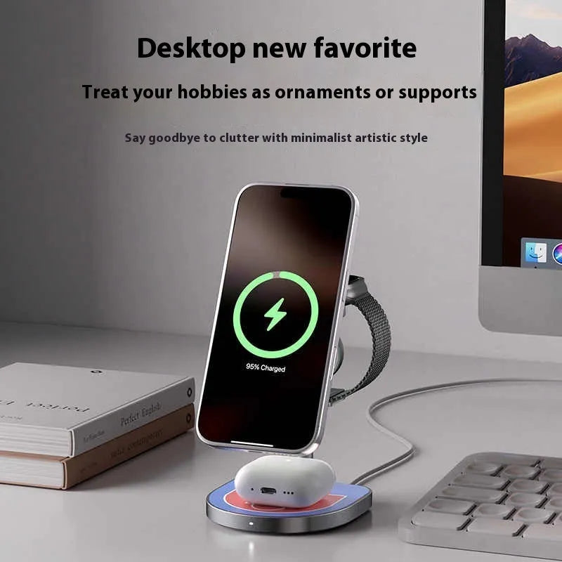 Three-in-one basketball magnetic wireless charger with aluminium alloy body in black, red blue, or silver grey