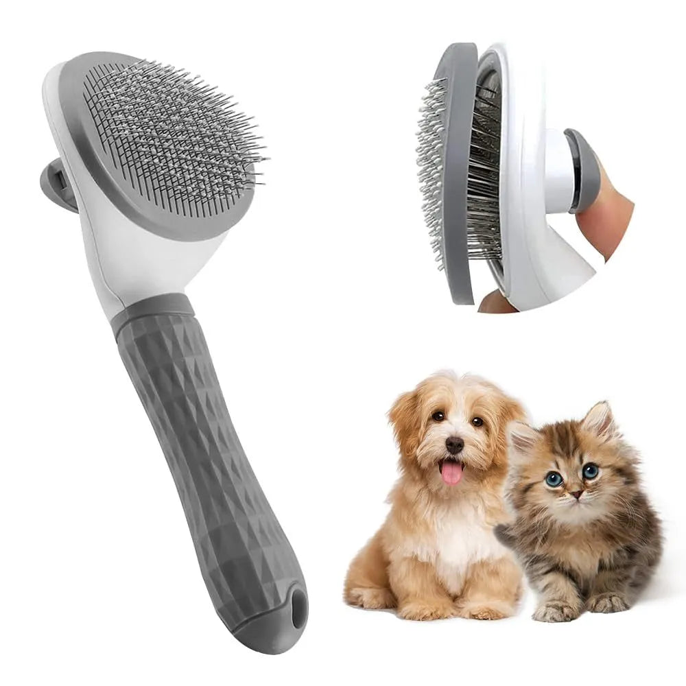 Cat brush with release button in blue, grey, or pink colour for pet hair removal
