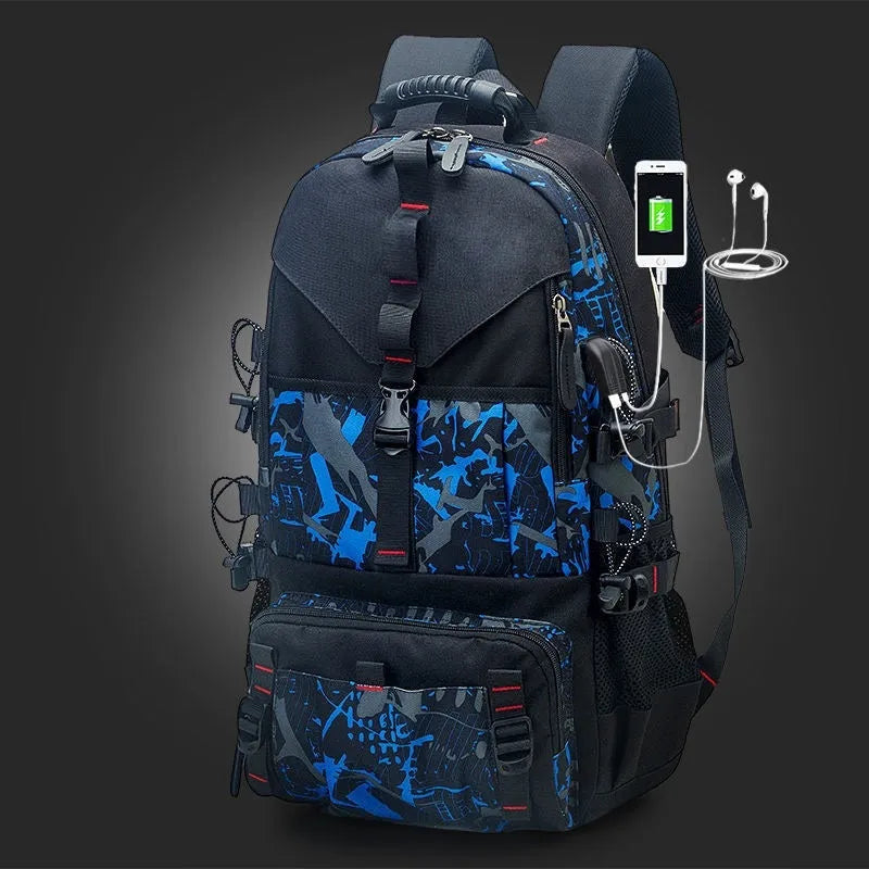Men's black waterproof Oxford cloth hiking backpack with 56-75 litre capacity