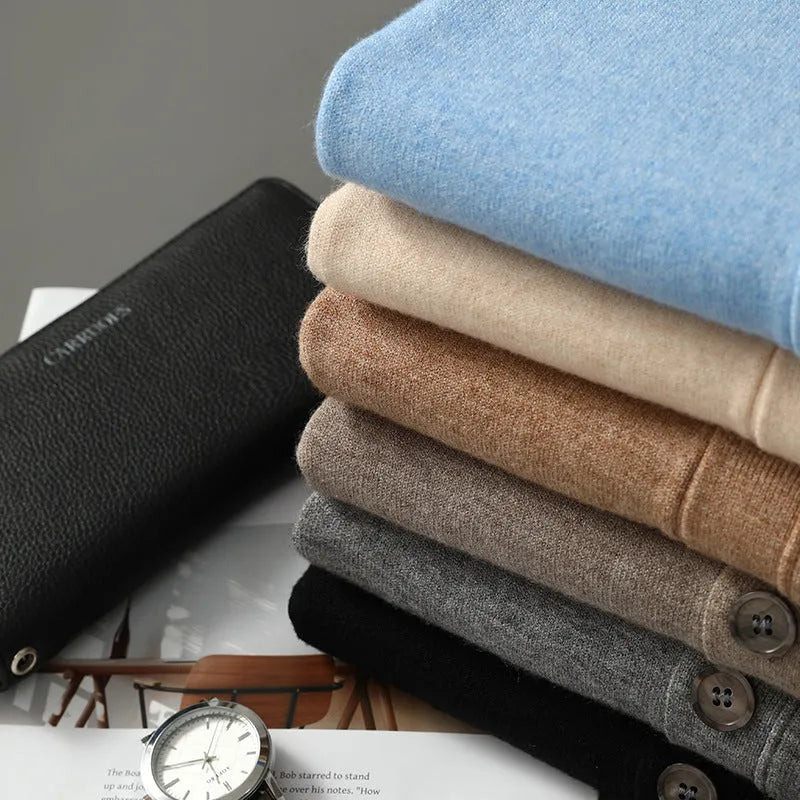 Men's loose V-neck cardigan coat in Andy velvet fabric, shown in beige colour.