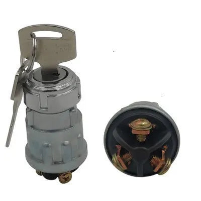 Pure copper vehicle ignition switch lock with matching key on a white background.