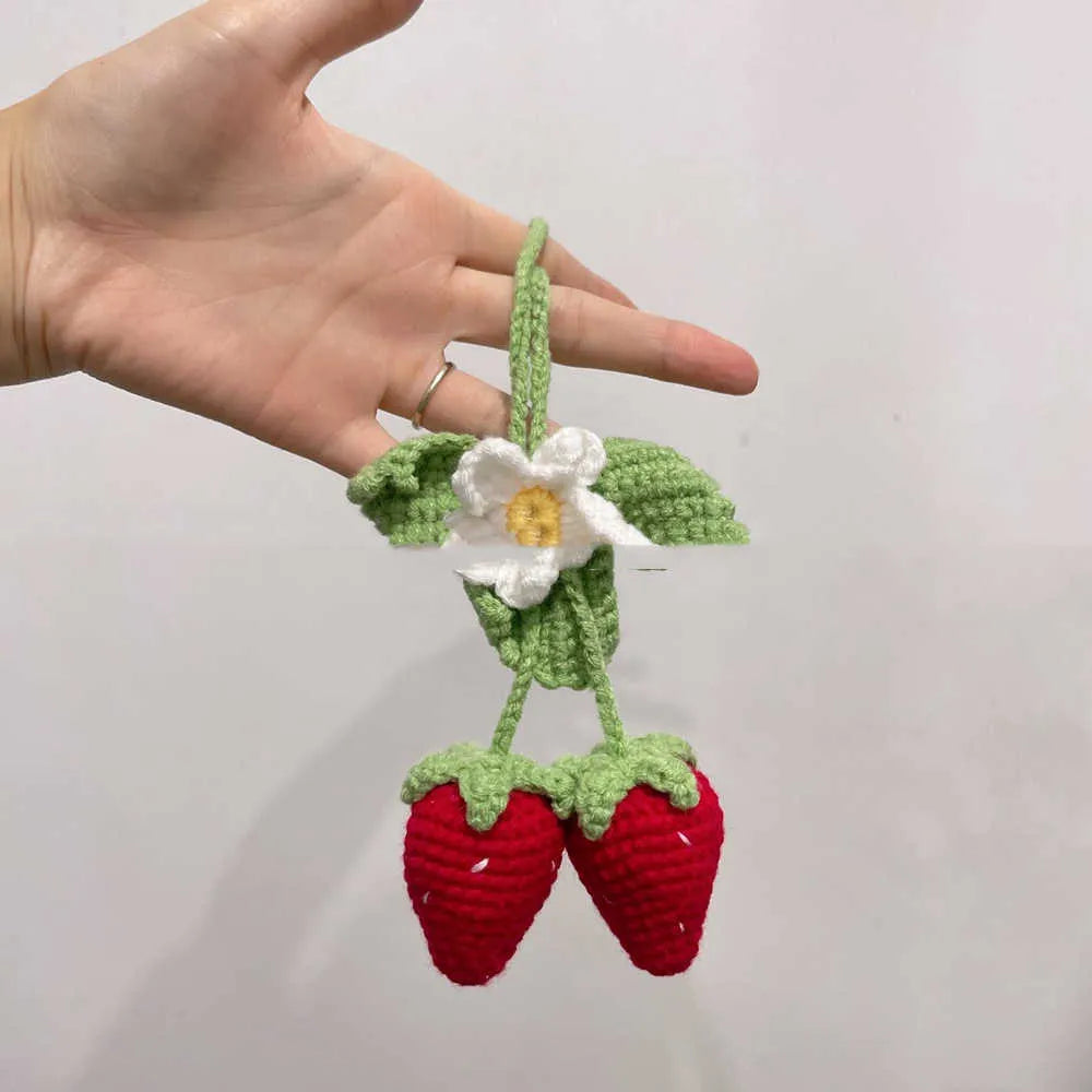 Handmade strawberry-shaped car pendant decoration made from woven cotton and hemp knitting wool