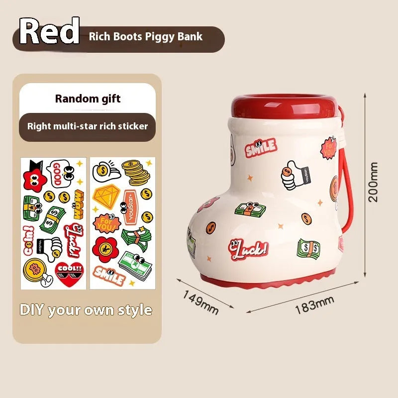Red and brown cartoon sticker designs on a plastic desktop storage box with grid organiser compartments.