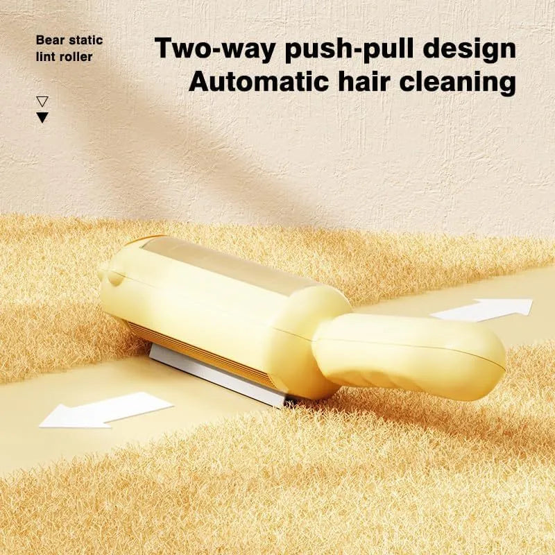 Blue reusable pet hair remover roller with self-cleaning base on a carpet.