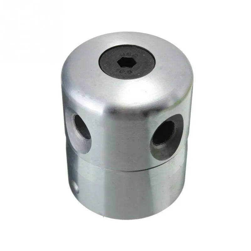 Silver aluminium lawn mower grass trimmer head with four light yellow square lines, a wrench, and a gasket