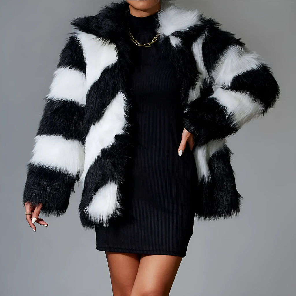 Women's faux fur coat with contrast colour lapels and removable fur collar in mid-length design
