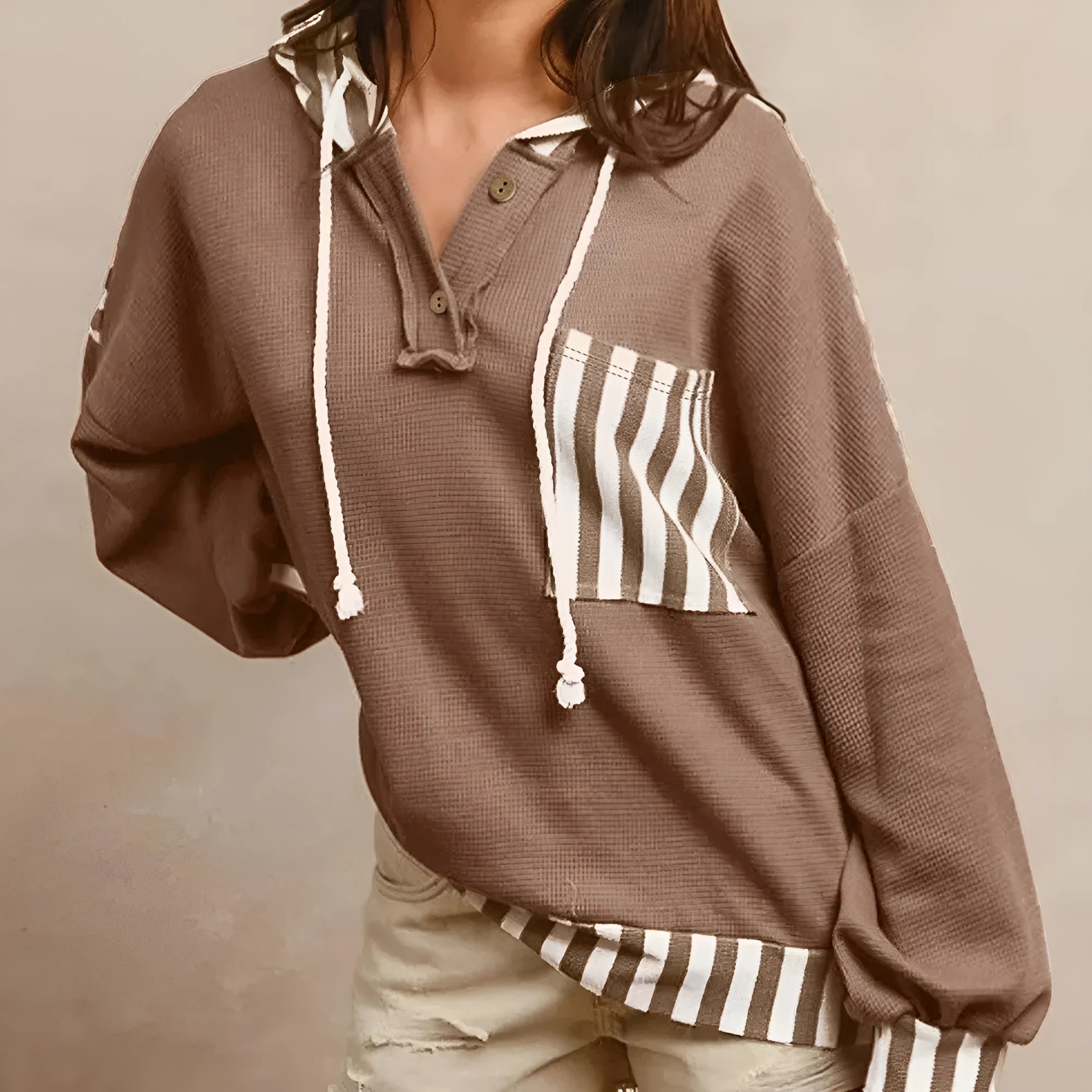 Straw yellow waffle texture striped patchwork hoodie with button neck and drawstring waist