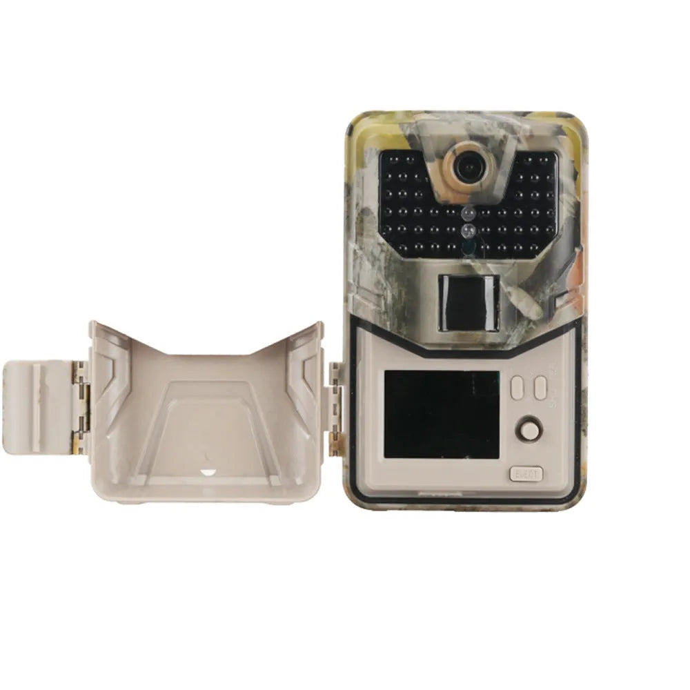 Compact camouflage infrared hunting camera with lens and infrared LEDs visible.