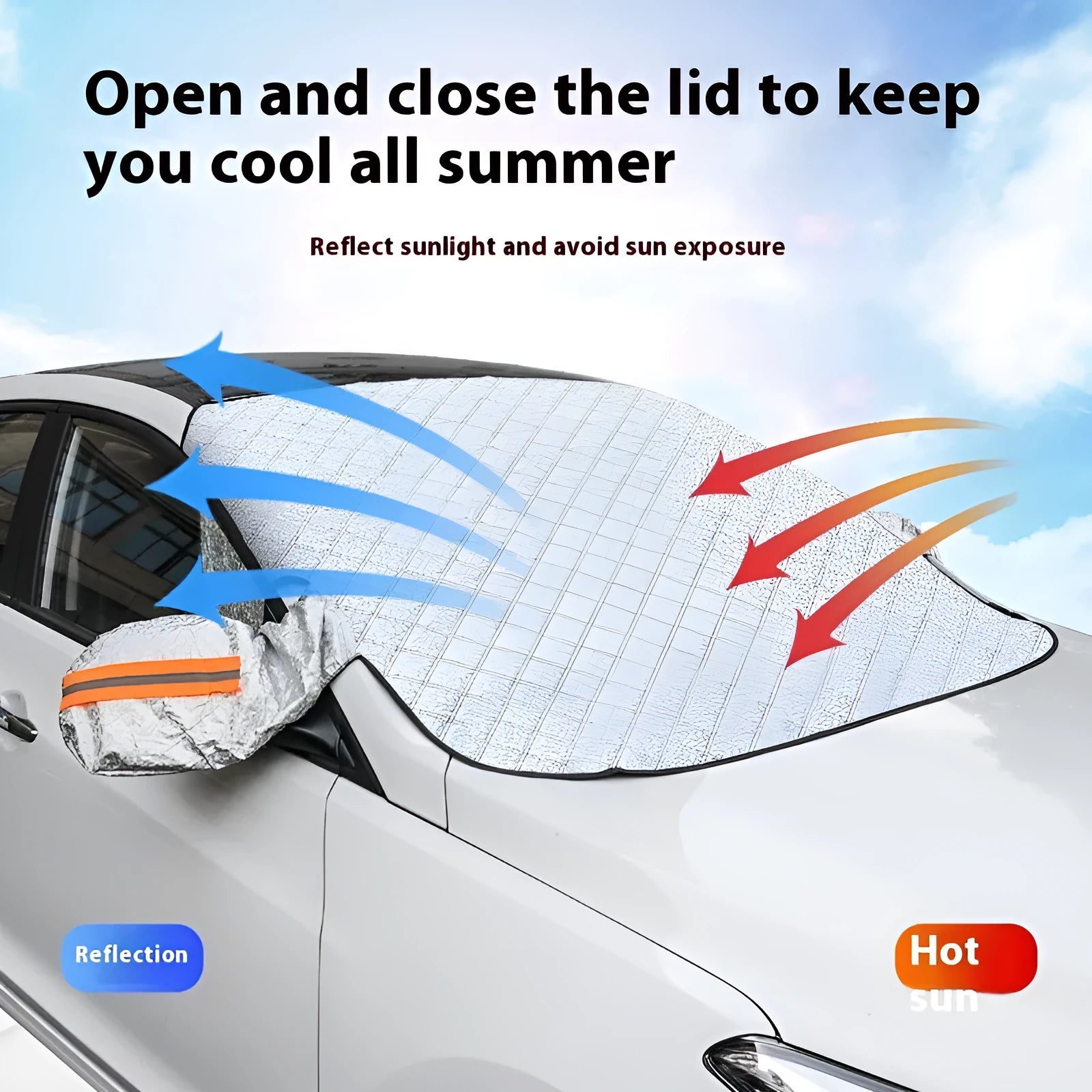Large Luxury aluminium foil winter car cover with reflective stripes and magnets for SUV windshield frost protection.