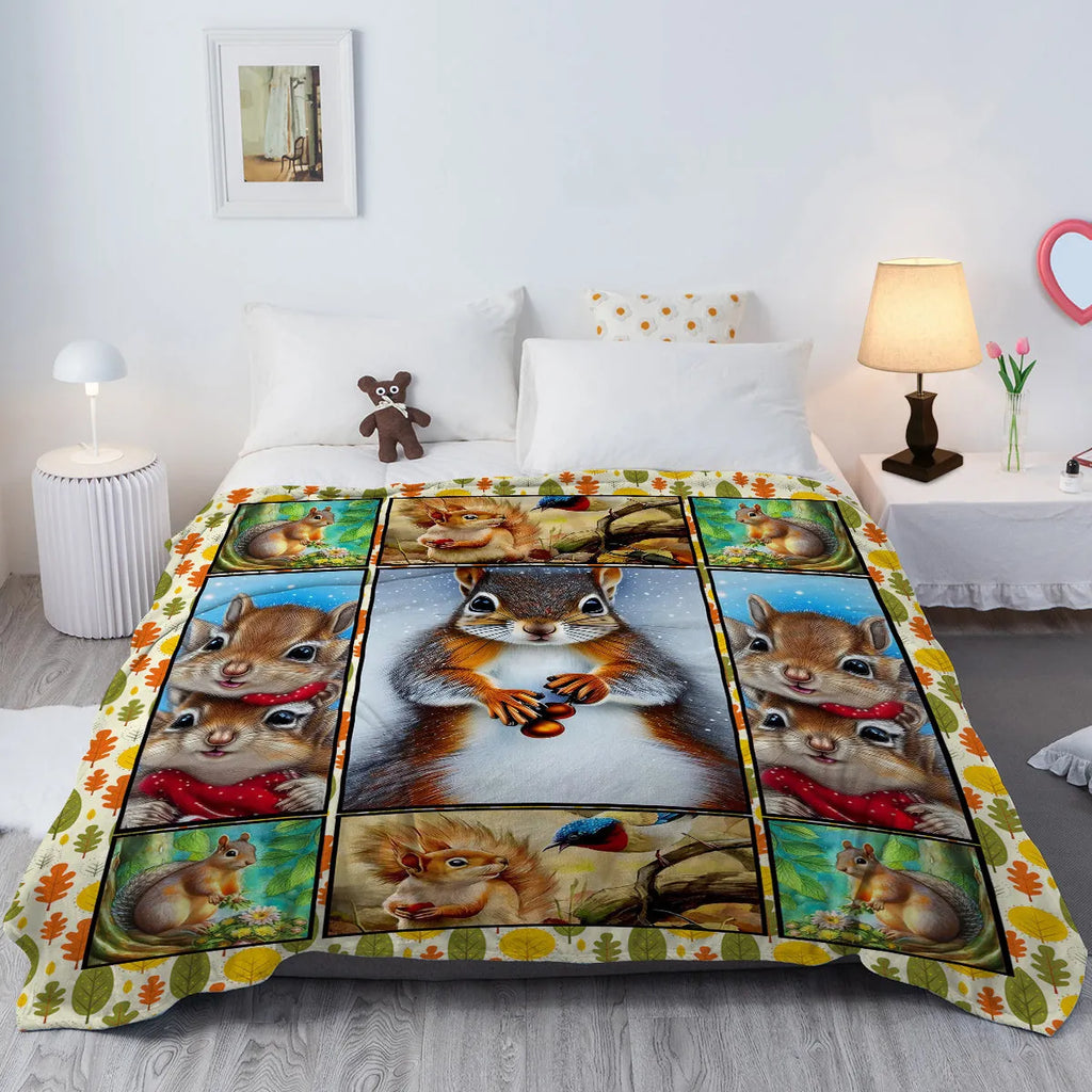 Yellow flannel blanket with white bellied squirrel print, 130x150cm, laid on a white background