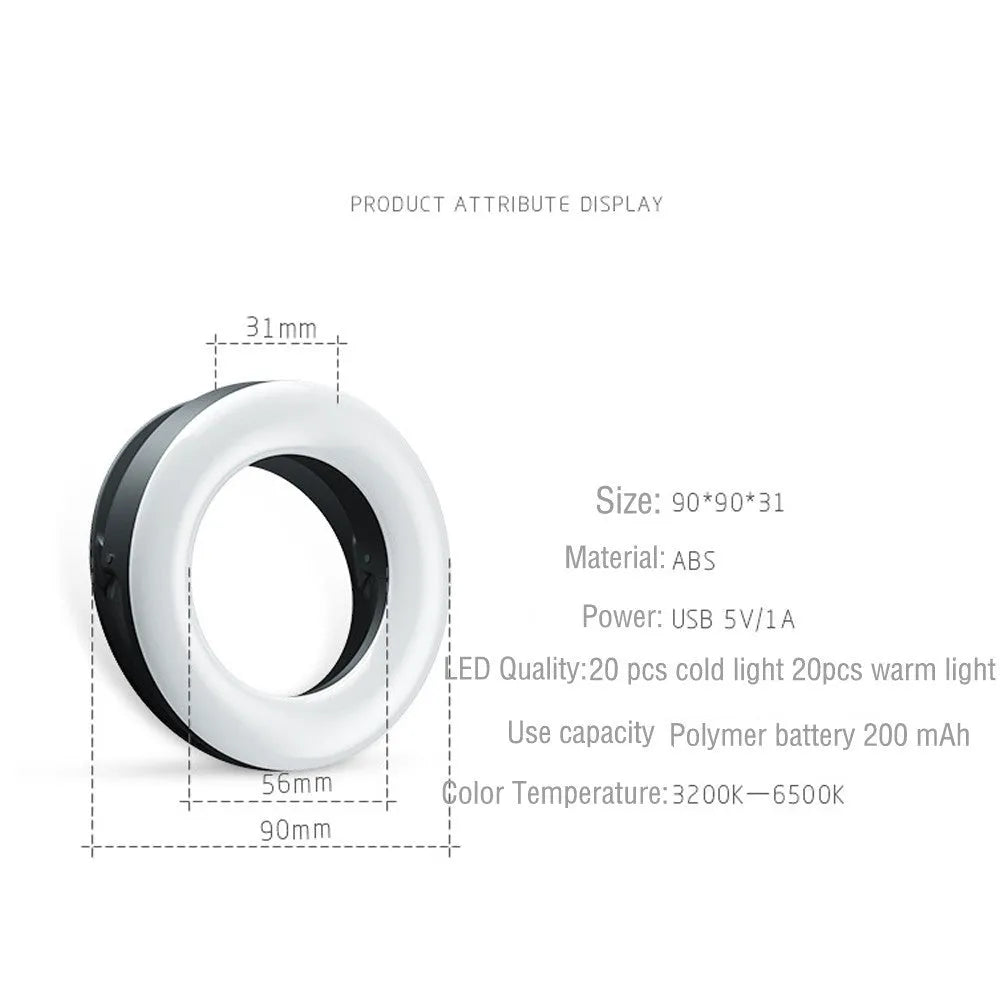 Black USB-rechargeable LED selfie ring light for mobile phone photography on a table.