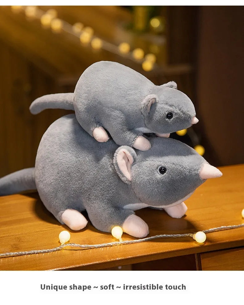 Cartoon mouse plush doll toy shown in three available sizes: small, medium, and large.