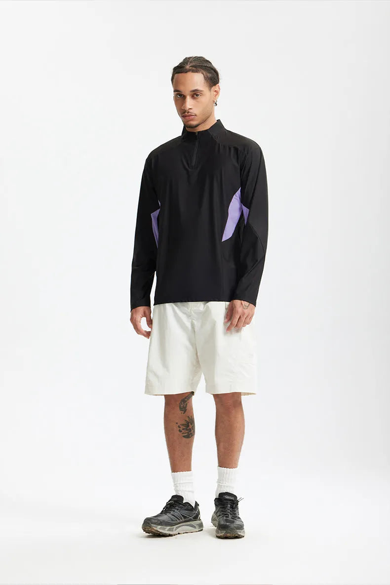 Men's stitching lightweight shirt in polyester fabric showing long sleeve and short sleeve options in black and beige colours