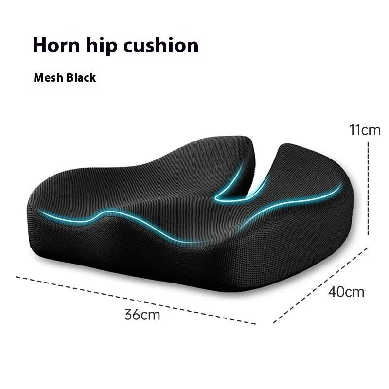 Dark grey memory foam office chair cushion with lumbar support, shown on a black desk chair.