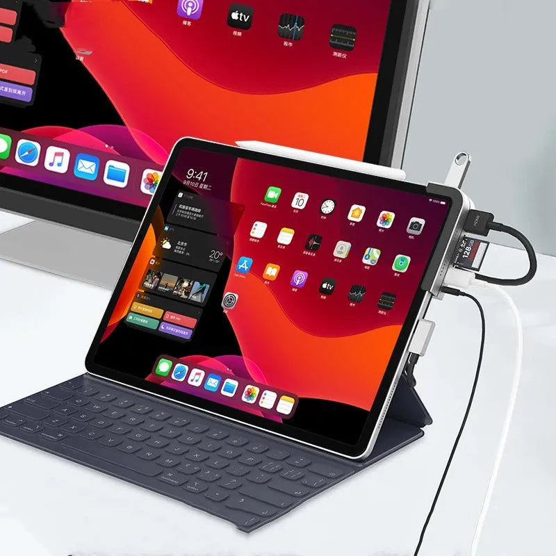Silver aluminium grey USB-C 6-in-1 docking station for iPad Pro tablets with HDMI and USB ports