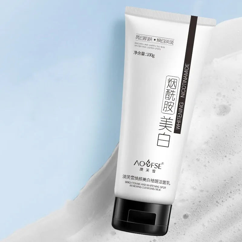 White bottle of 100ml whitening and freckle removing facial cleanser for universal use.