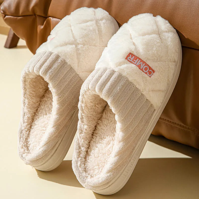 Solid rhombic letter home slippers in thickened plush with EVA sole, available in multiple colours and sizes for men and women
