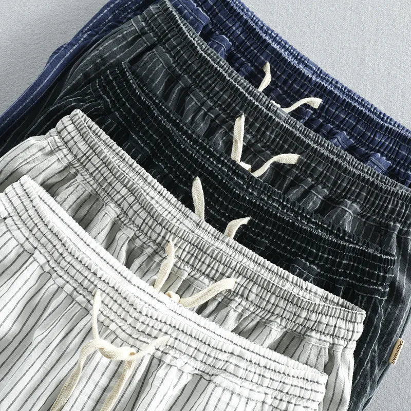 Men's striped cotton casual shorts in light blue with micro elastic waistband