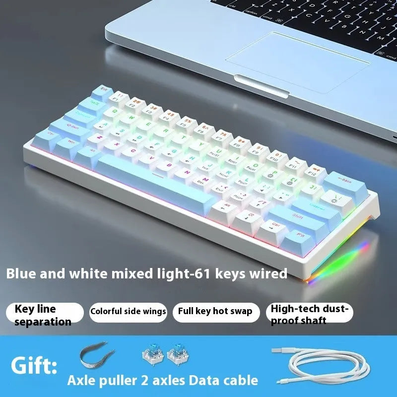 Bluish-black 61-key mechanical keyboard with hot-swappable switches on a desk