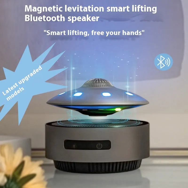 Magnetic levitation Bluetooth speaker floating above base unit with colour-changing LED effects