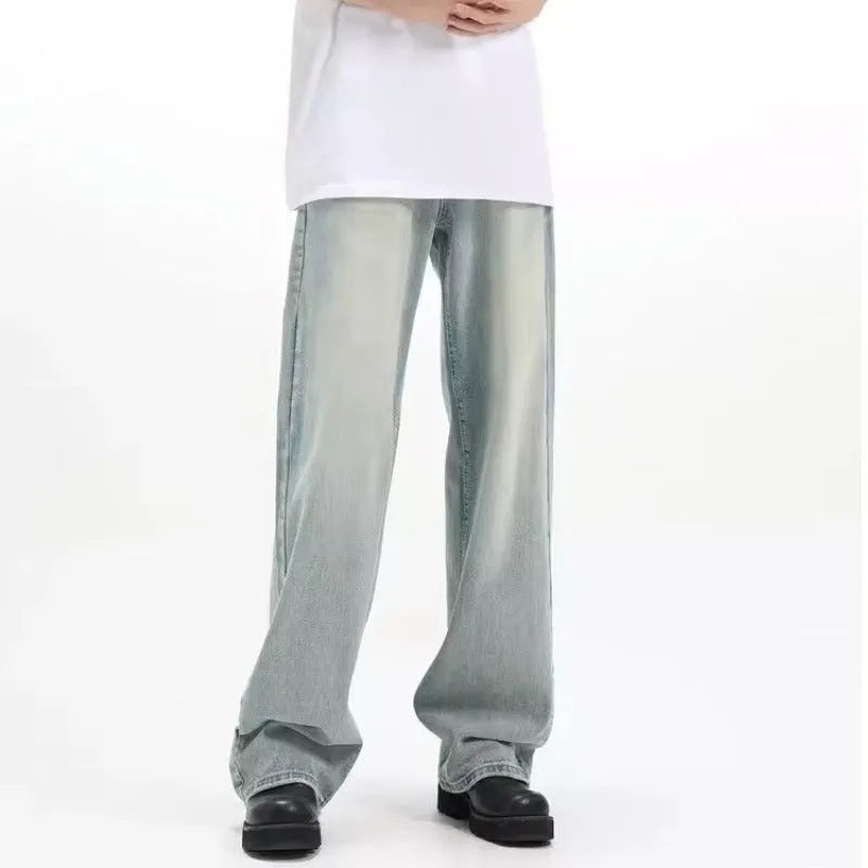 Blue retro-style loose-fit casual trousers with high elasticity, made from rabbit fur fabric.