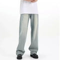 Blue retro-style loose-fit casual trousers with high elasticity, made from rabbit fur fabric.