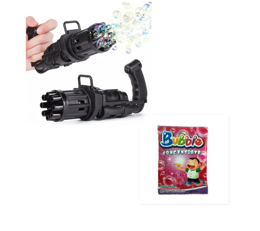 Children's bubble machine gun toy in pink, gold, or black colours with battery compartment and bubble solution.