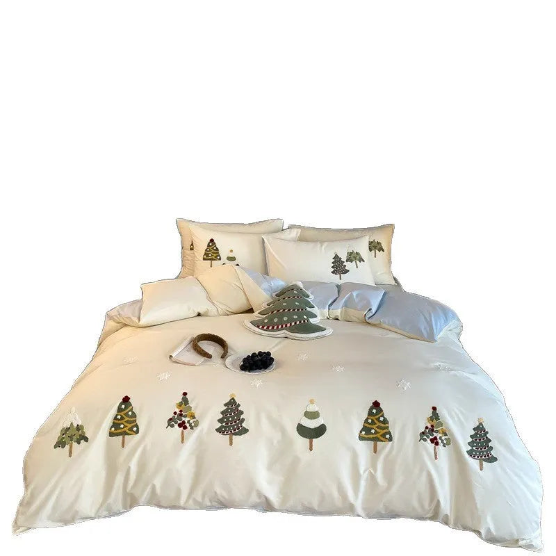Christmas tree embroidered cotton duvet cover set with pillowcases in cream blue colour