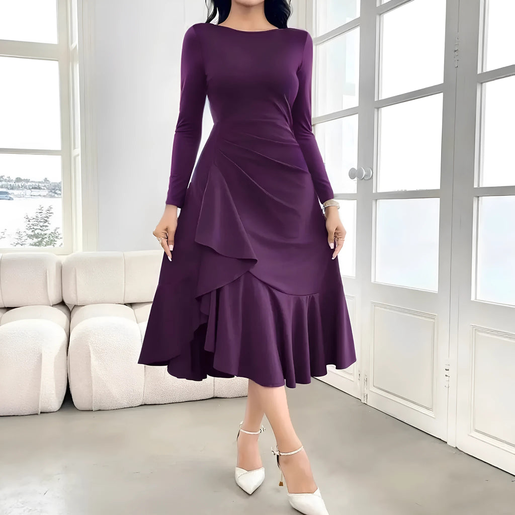 Purple women's long sleeve dress with round neck and ruffle details