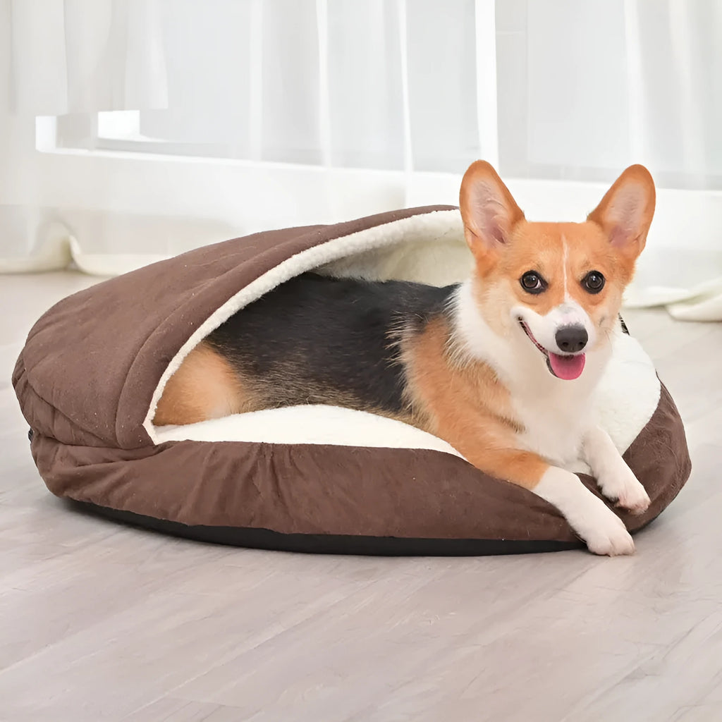Removable cloth dog kennel in brown and grey colour options showing S and M sizes
