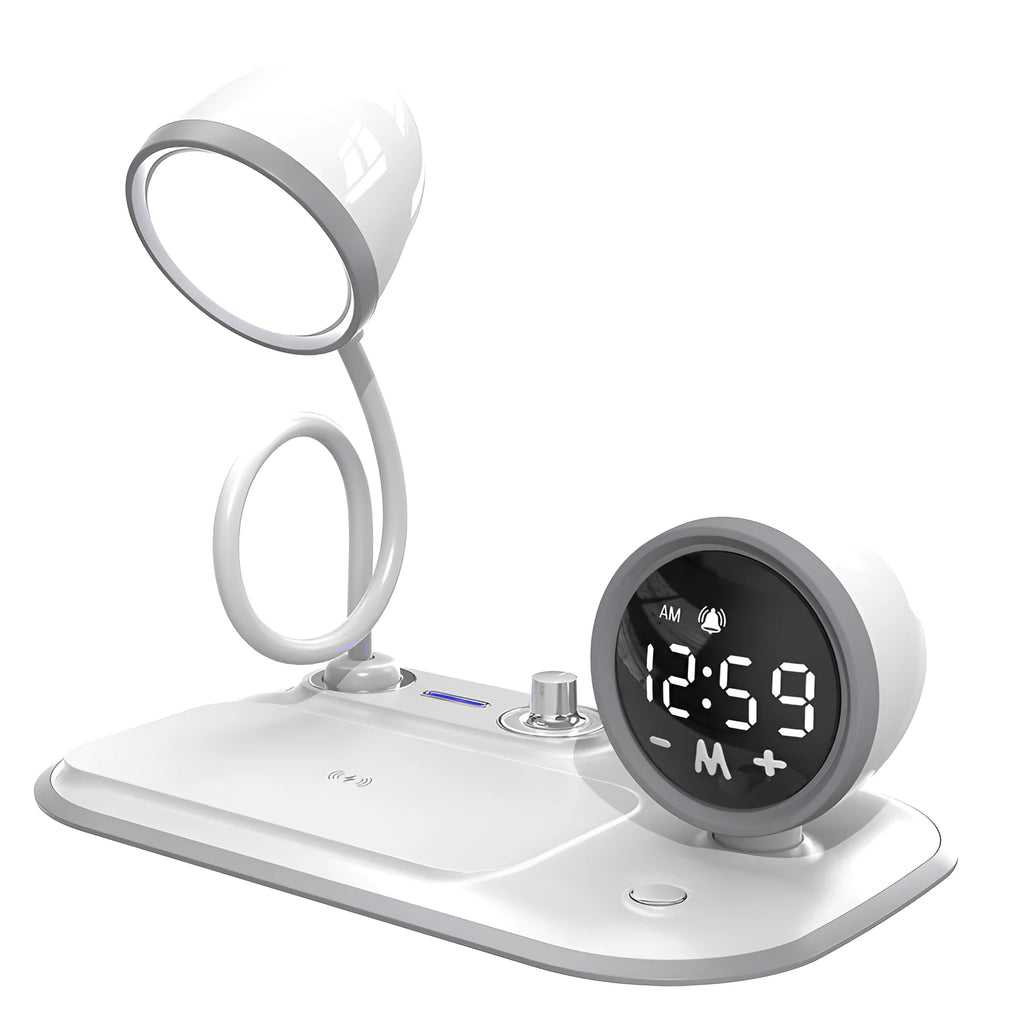 White three-in-one desk lamp with LED lighting, digital clock display, and wireless charging pad on desktop