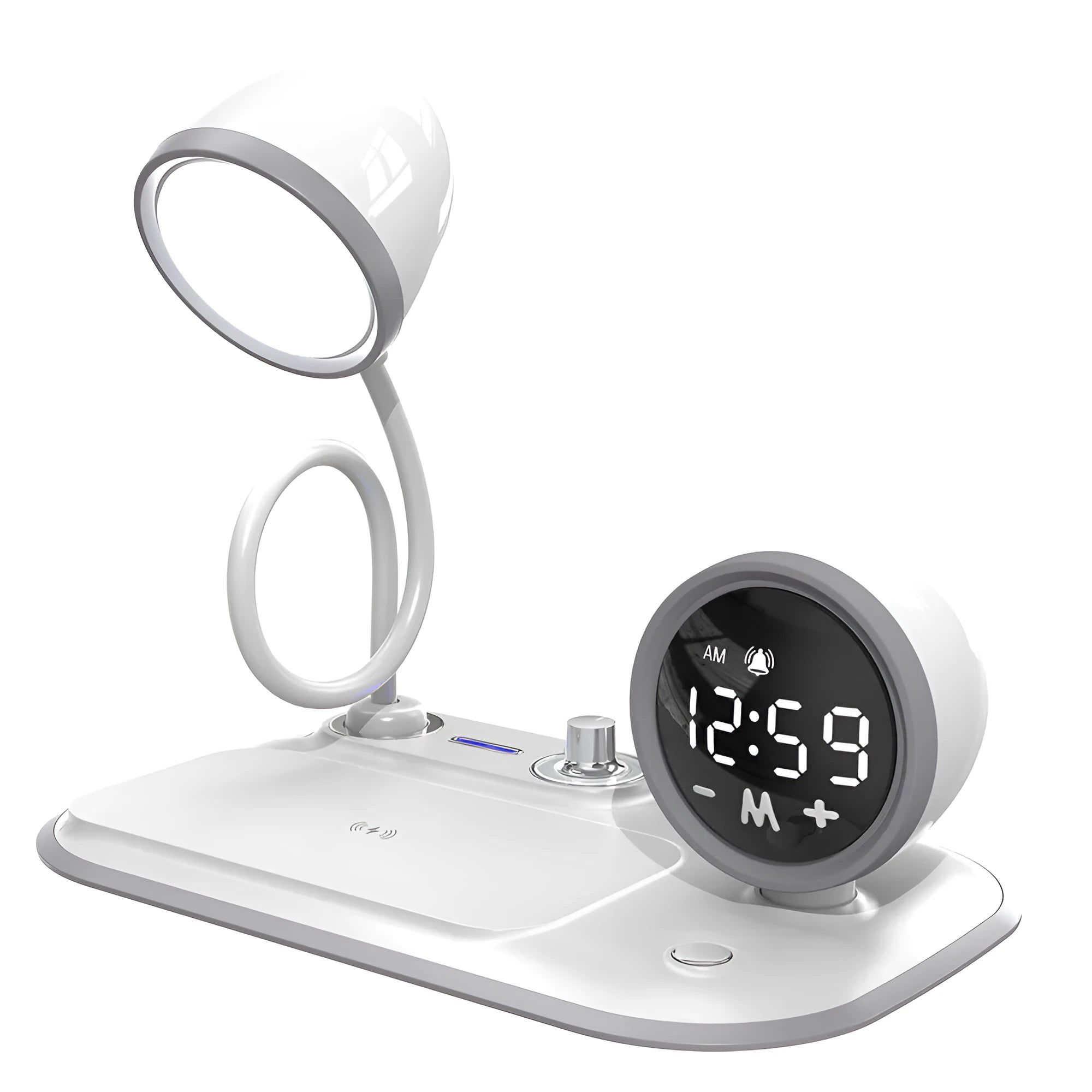 White three-in-one desk lamp with LED lighting, digital clock display, and wireless charging pad on desktop