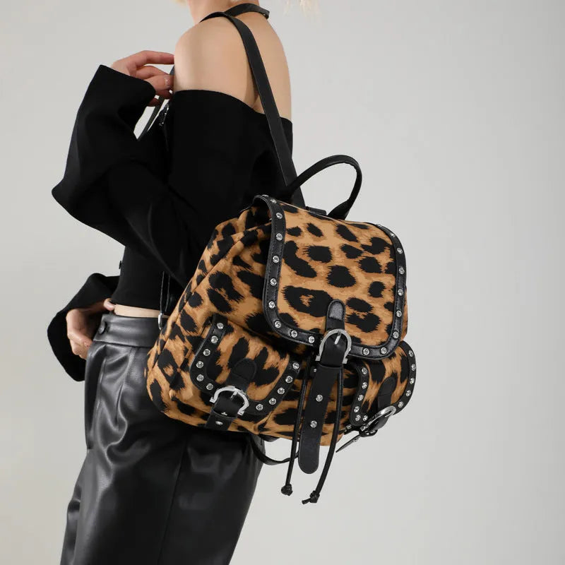 Leopard print flip backpack in urban simplicity style, available in Black, Brown, Khaki, Rose Red, with PU construction and polyester lining