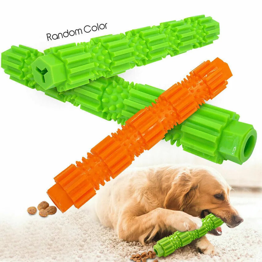 Green and orange durable rubber dog chew toy for aggressive chewers with treat dispensing opening