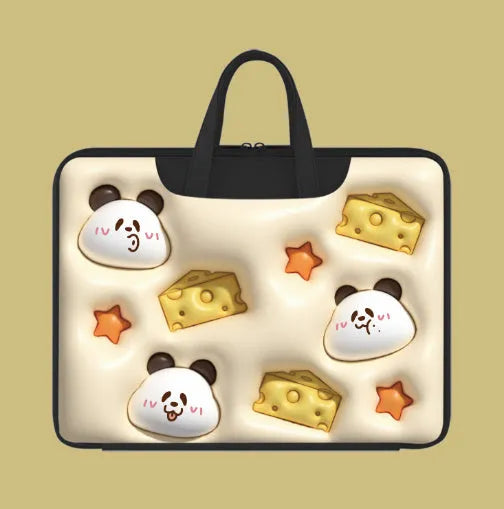 Inflatable PU leather laptop bag in a character design, shown hanging from a suitcase handle.