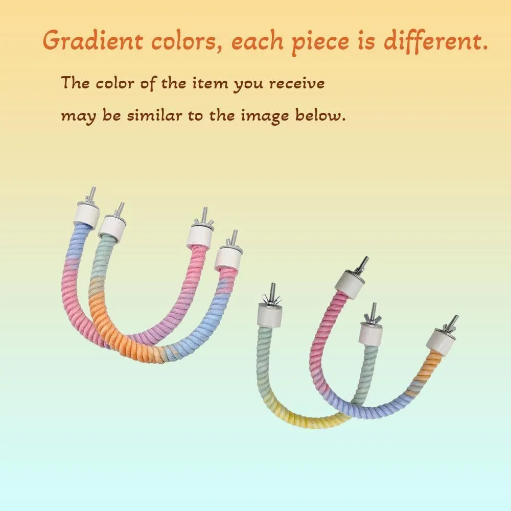 Gradient colourful bird rope perch stand with bendable shapes for small pet cage climbing and play