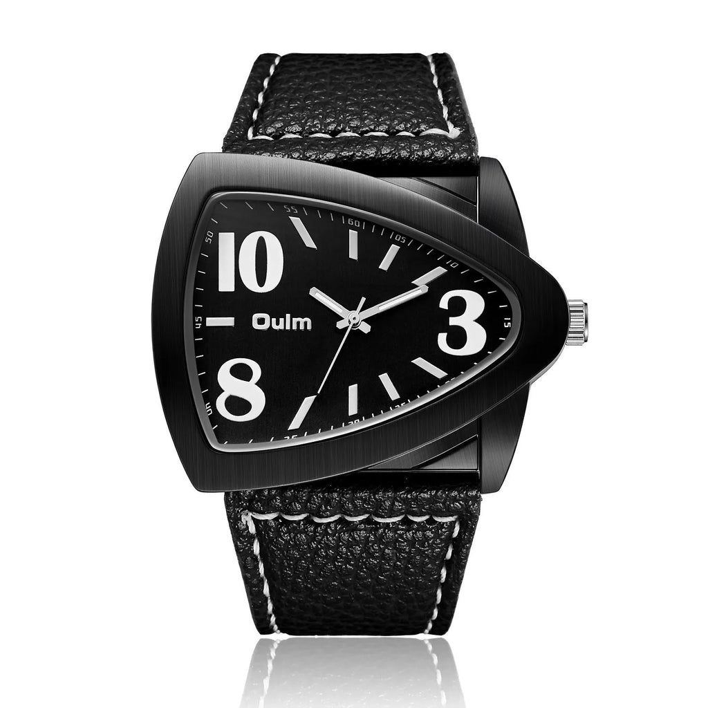 Men's casual wristwatch with a triangle belt strap in a choice of brown, black, or black and blue, showing a slim side profile.