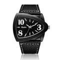 Men's casual wristwatch with a triangle belt strap in a choice of brown, black, or black and blue, showing a slim side profile.