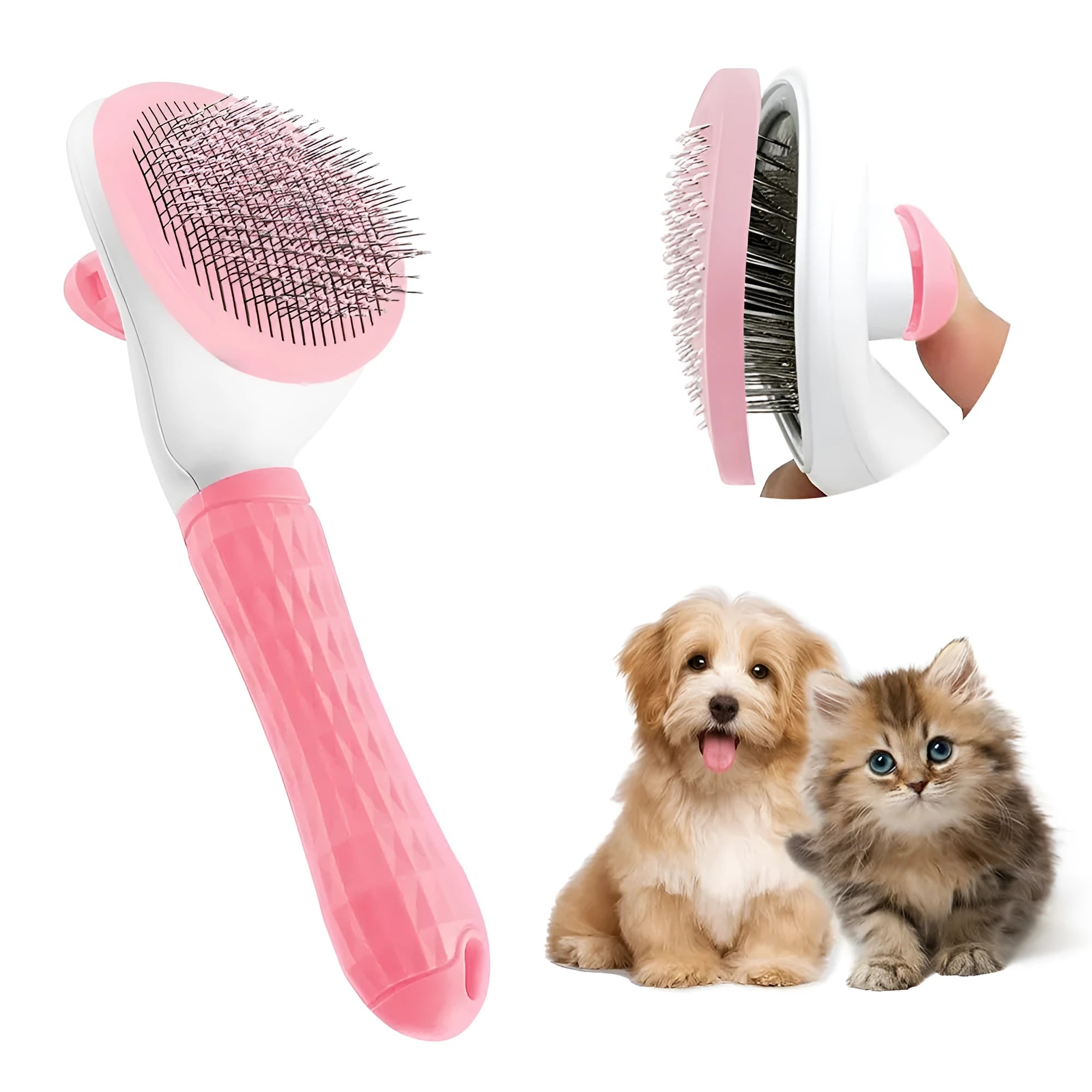 Cat brush with release button in blue, grey, or pink colour for pet hair removal