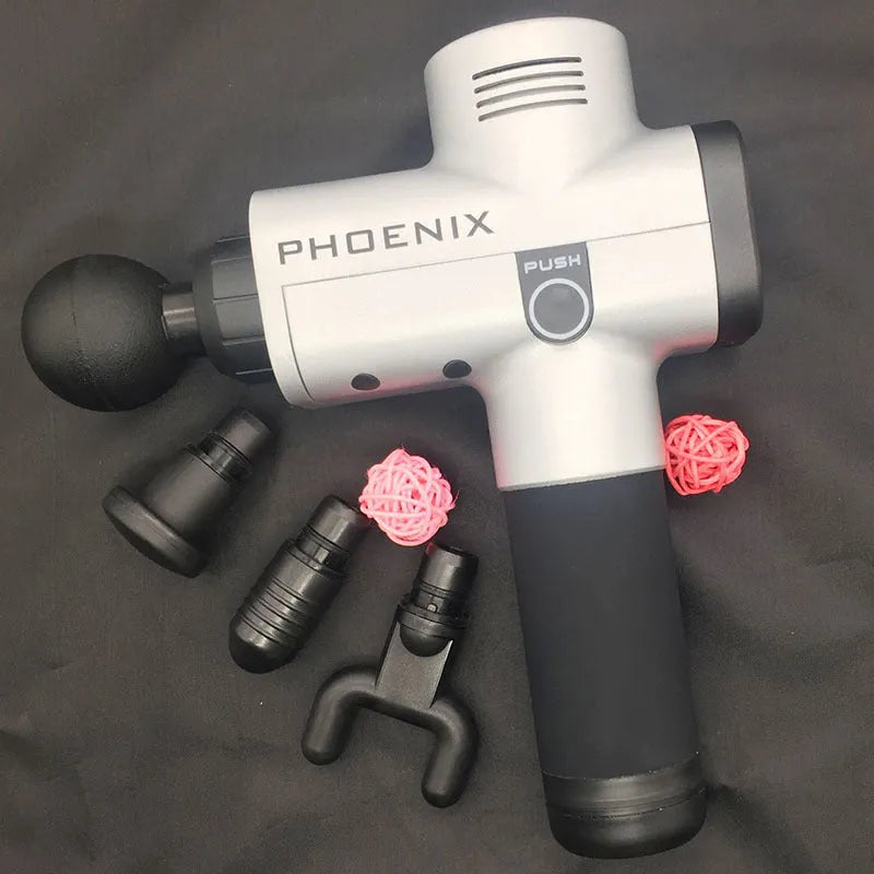 Silver and black fascia massage gun with four interchangeable heads on white background