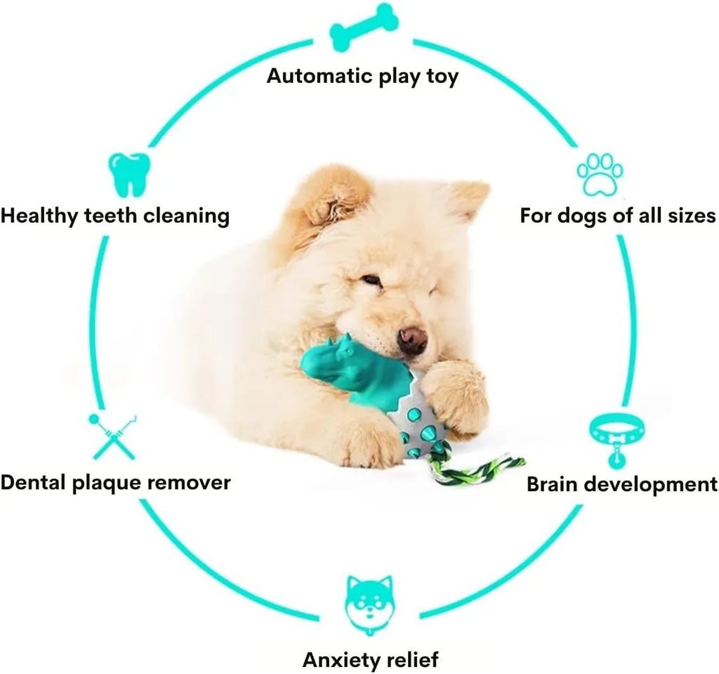 Blue dinosaur dog chew toy with rope tug element for aggressive chewers