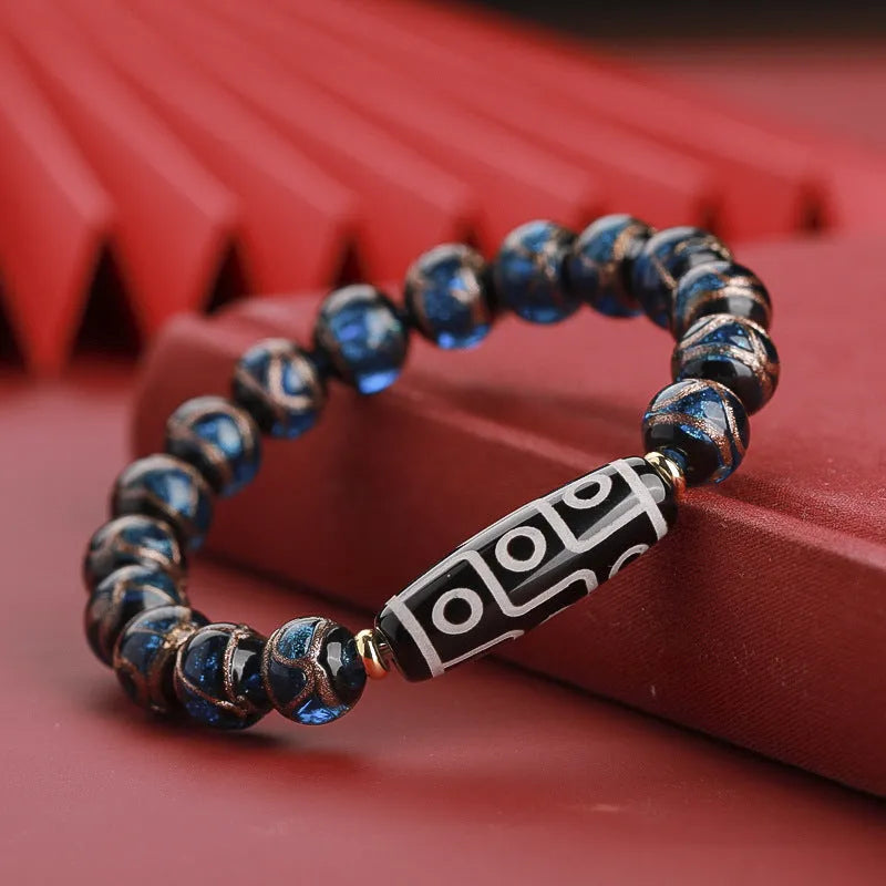 Colourful Chinese style coloured glaze bracelet with auspicious patterns, showing bead size options.
