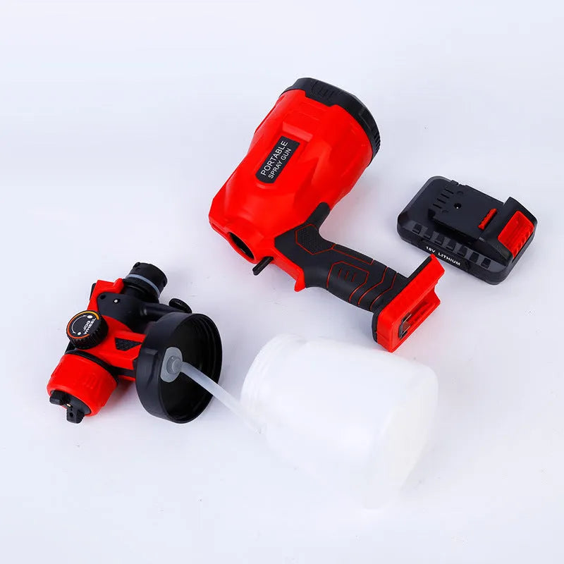 Blue cordless paint spray gun with 800ml cup and 1.8mm nozzle, showing trigger and battery compartment.