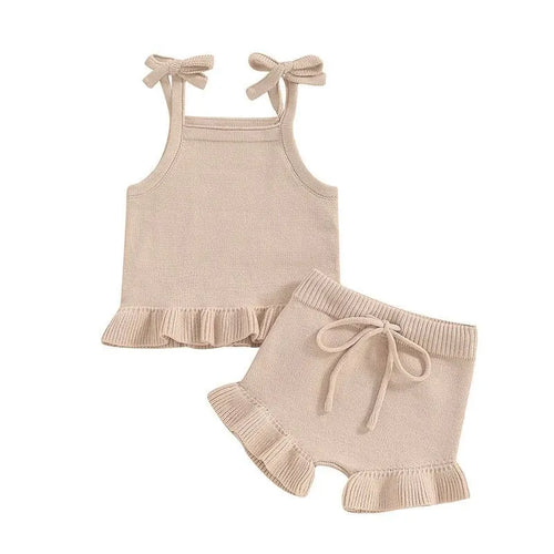 Baby girl knitted corduroy shorts clothing suit in khaki with top and pants set for casual wear