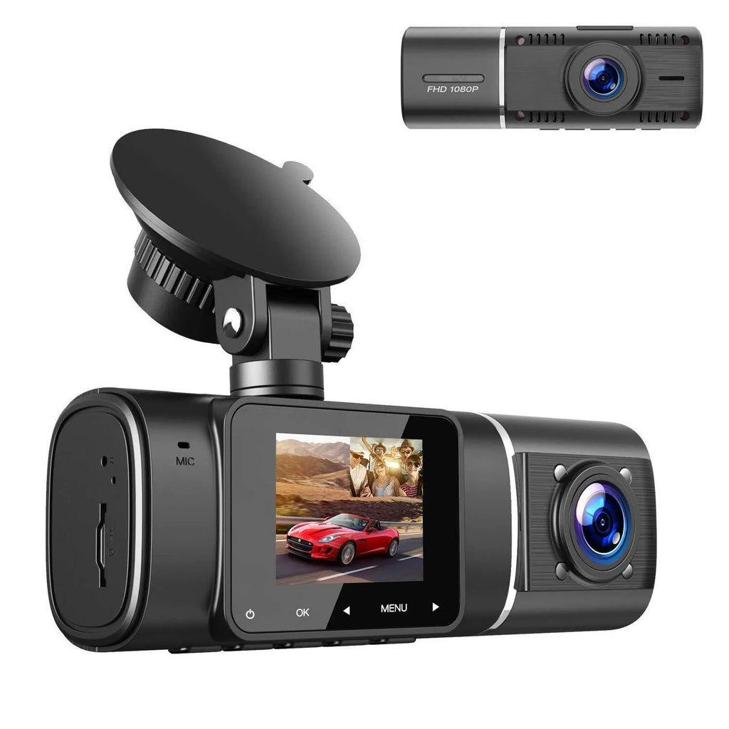 Standard black front and rear dash camera with 1.5-inch screen on a car windscreen.