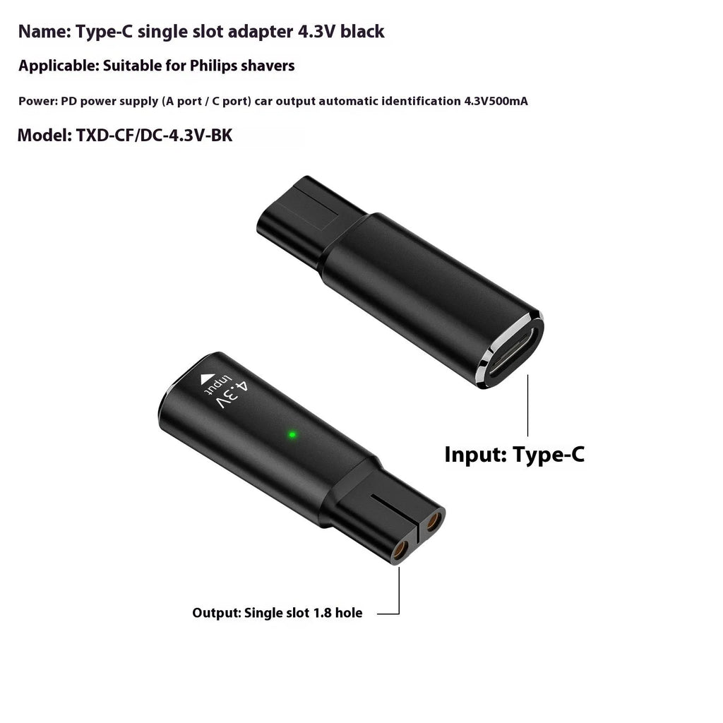 Black USB-C charging adapter for electric shavers with 8W power and 4.3V output