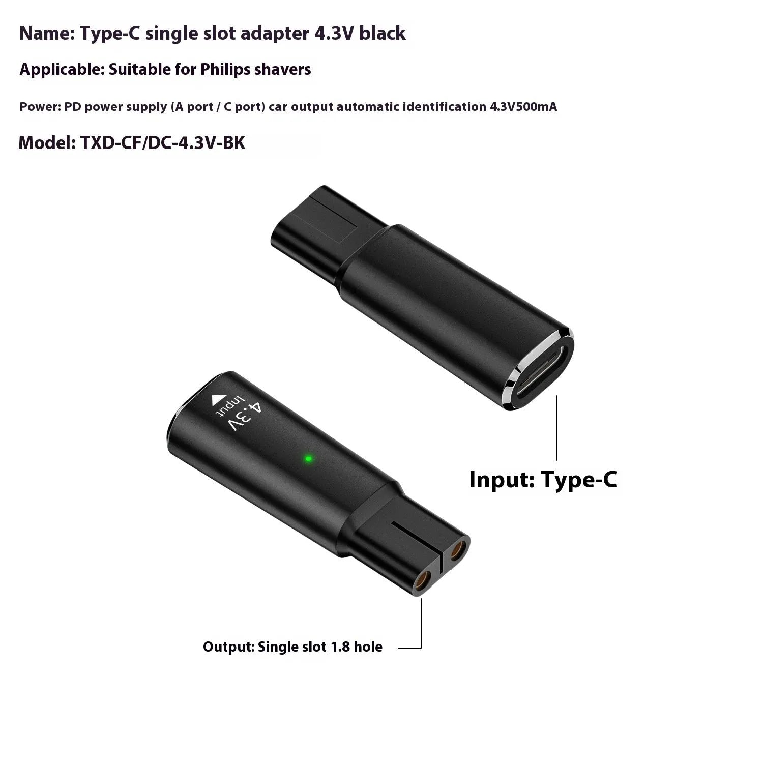 Black USB-C charging adapter for electric shavers with 8W power and 4.3V output