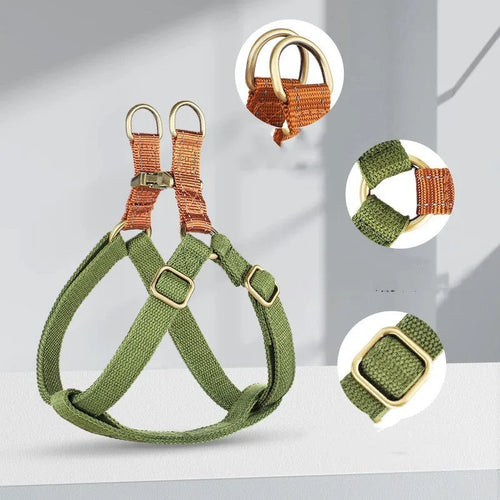 Brown vest-style dog leash with cotton belt, nylon straps, and metal clasp.