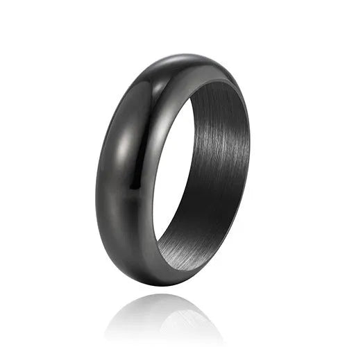 Glossy electroplated titanium steel ring shown in black, gold, and steel colour on a neutral background.
